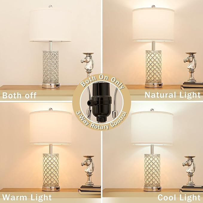 SAIWEYA Modern Crystal Table Lamp - 24in Silver Bedroom Lamps 3-Way Dimmable Touch Lamp with Night Light, 2 USB Ports + AC Outlet, Bedside Night Stand Lamp for Living Room Office (Silver- 1 Pack 24In)