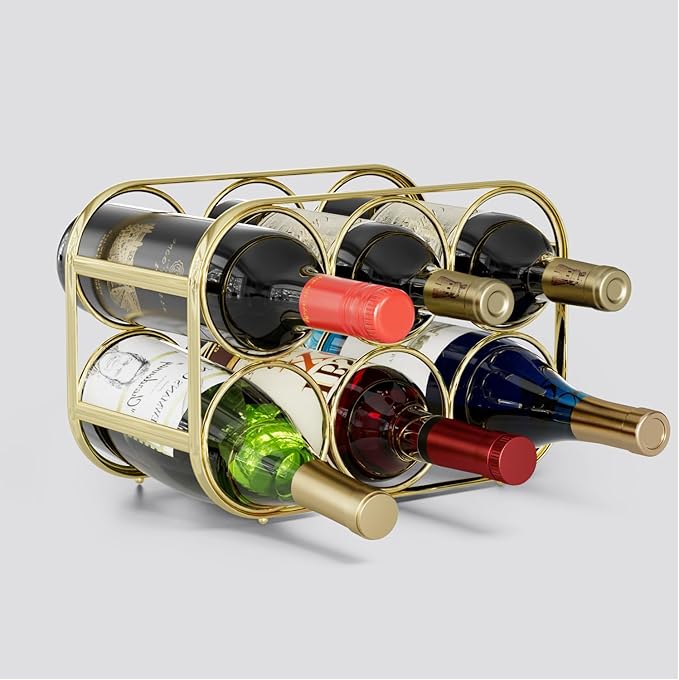 Buruis 6-Bottle Wine Rack, Modern Metal Countertop Wine Holder Stand for Kitchen, Pantry & Cabinet Storage, No Assembly Required, Gold