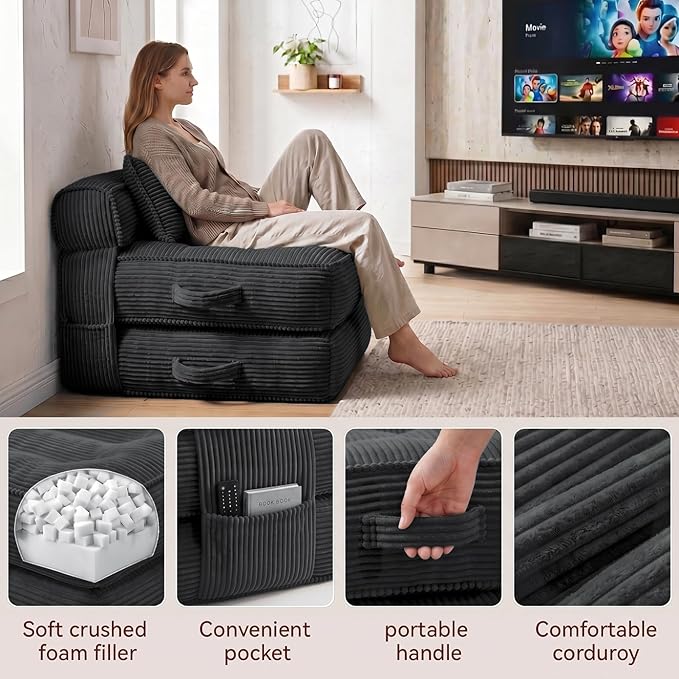 Folding Sofa Bed, Convertible Sleeper Chair with Pillow Foldable Mattress with Back Support, Portable Fold Out Chair Bed Comfy Floor Couch Lounge for Living Room Bedroom Apartment Single