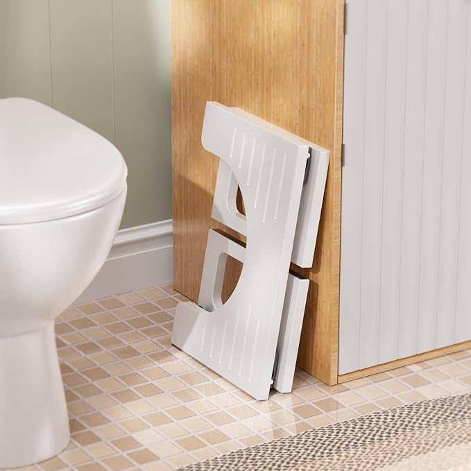 AmazerBath 8.5 Inches Bamboo Toilet Stool Squat for Adults, Collapsible Poop Stool for Bathroom, 0.79" Thickness Squatting Potty with Non-Slip Strip, No Assembly Required, White