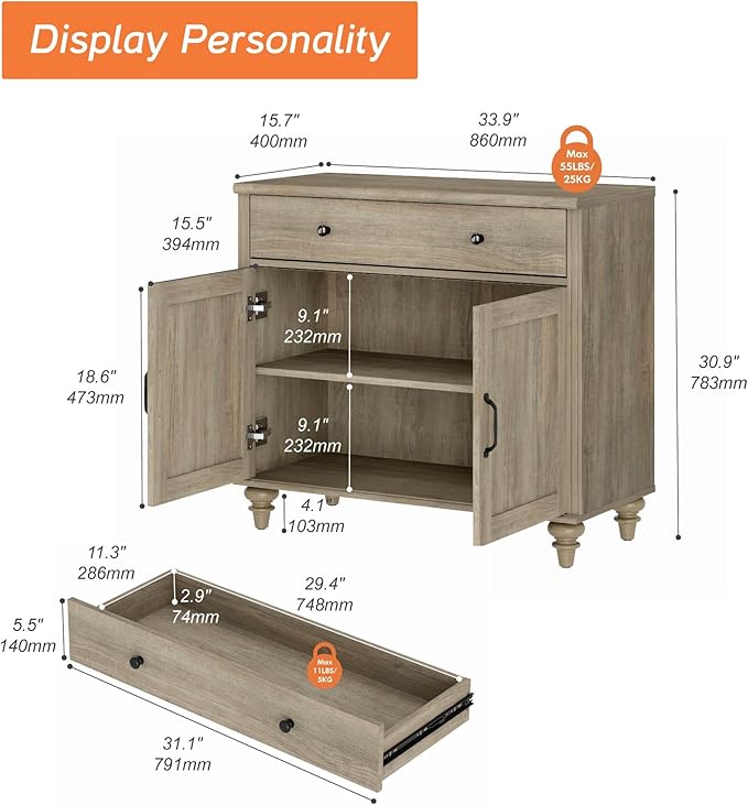 WAMPAT Buffet Cabinet with Doors & Drawer, Large Coffee Bar Table Wood Kitchen Storage Cabinets with Storage Cabinets, Modern Farmhouse Sideboard Credenza for Dining Room, Wash Grey, 34 inch
