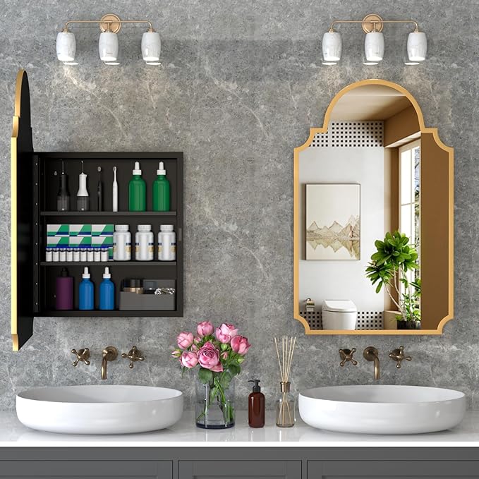 20"x32" Medicine Cabinet with Mirror, Recessed and Surface Mount Medicine Cabinets for Bathroom, Bedroom, Full Metal, Unique Art Arched Mirror with Storage, 2 Shelves and 1 Organizer Box, Bling Gold