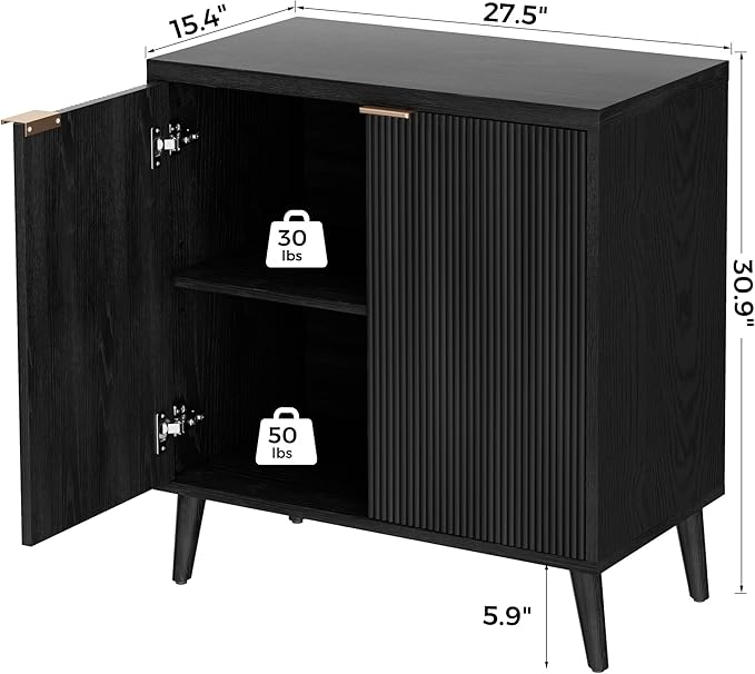 Homleke Buffet Cabinet with Storage, Modern Fluted Accent Sideboard with Doors & Adjustable Shelf, Buffet Table Entryway Cabinets for Living Room, Kitchen, Dining Room, Hallway, Black