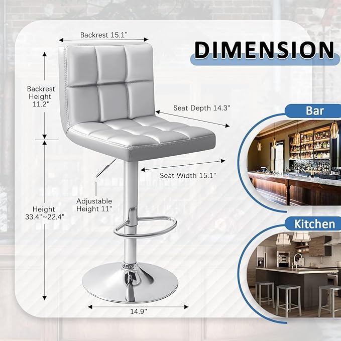 Homall Bar Stools Modern PU Leather Adjustable Swivel Barstools, Armless Hydraulic Kitchen Counter Bar Stool Extra Height Square Island Barstool with Back Set of 2 (Leather, Silver)