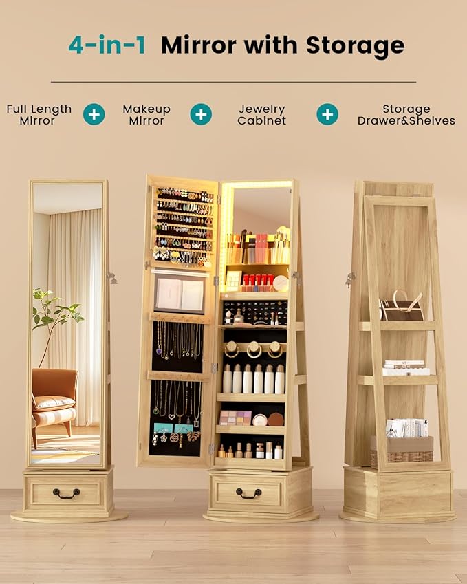 Vlsrka Mirror Jewelry Cabinet Standing, 360° Swivel Jewelry Armoire with Full Length Mirror, Lockable Mirror with Jewelry Storage, 3-Color LED Lights, Foldable Makeup Shelf