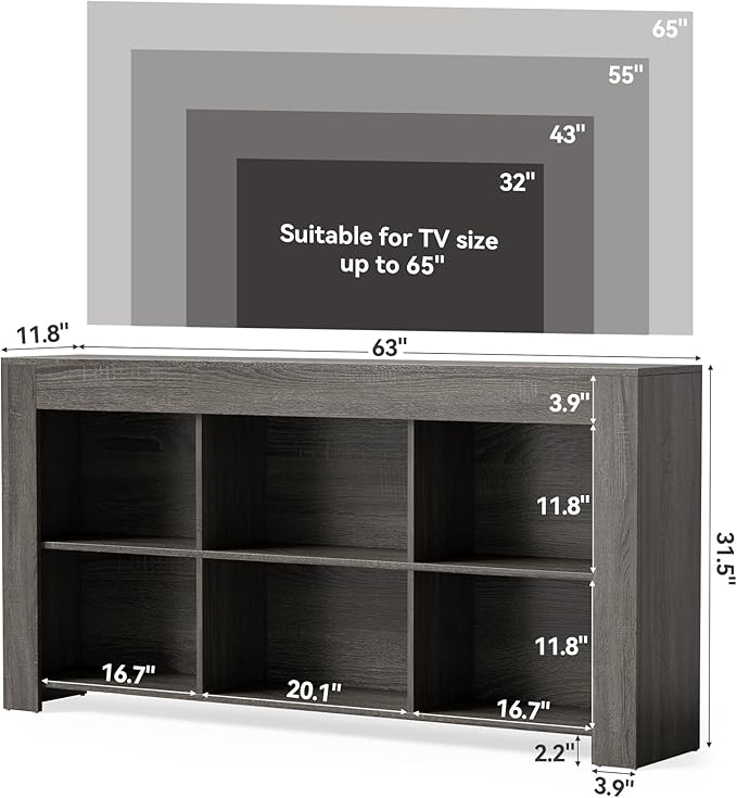 LITTLE TREE TV Stand with Storage, 63-Inch Entertainment Center with Shelves, Modern Media Console for Television up to 65" for Living Room, Bedroom, Grey + Black