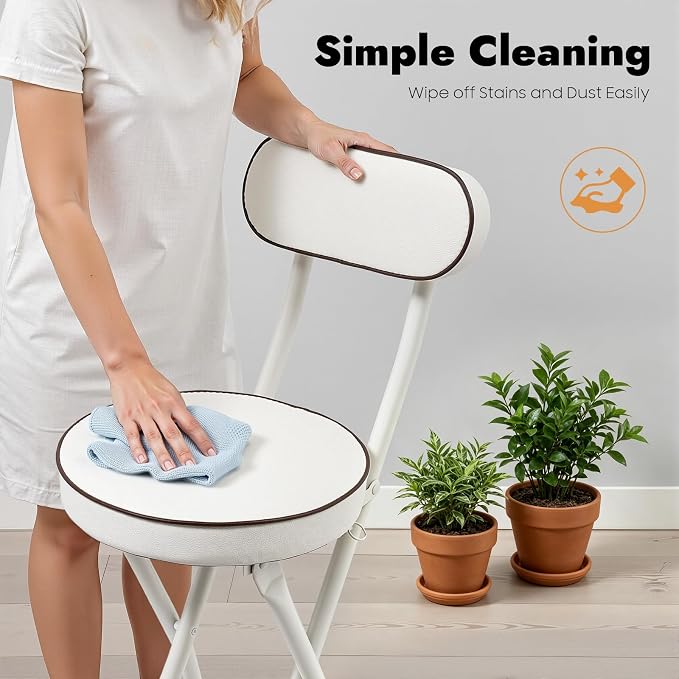2 PCS Folding Stool with Back 38.5 inch Tall Foldable Stool with Cushioned Padded Folding Bar Stools Metal Portable Chair Stools for Outdoor Indoor Kitchen Shop Cafe Garden Camping (White)