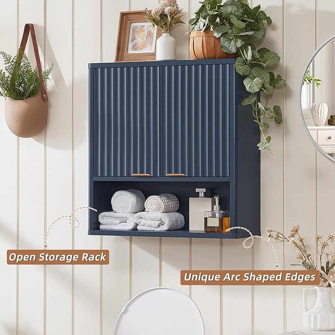 LEYAOYAO Fluted Bathroom Wall Cabinet, Wall-Mounted Medicine Cabinet with Adjustable Shelf & Doors, Farmhouse Floating Over the Toilet Storage Cabinets for Laundry Room, Kitchen, Living Room (Blue)