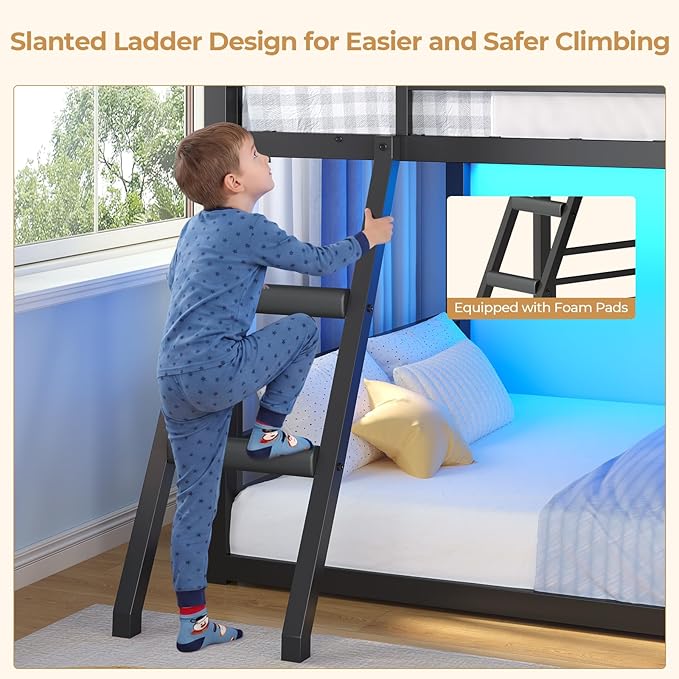 BTHFST Low Bunk Bed Twin Over Twin with 7 Large Fabric Drawers & Bookshelf, Metal Bunk Bed with RGB LED Lights & Slanted Ladder & Safety Guardrail, Kids Low Loft Bed Twin for Small Space, Black