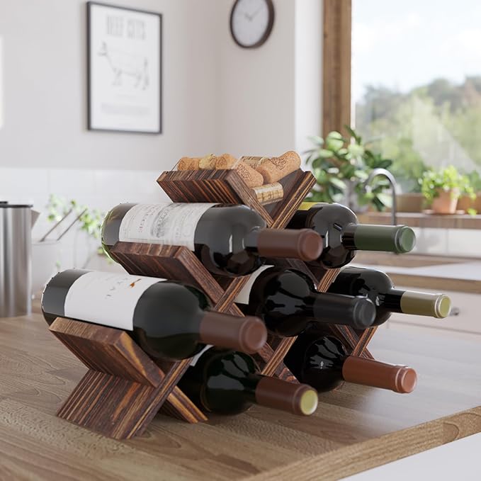 Rustic State Alella Countertop Wood Wine Rack for 8 Bottles Holder and Cork Storage Tabletop Butterfly Sleek Design Freestanding Organizer - Home, Kitchen, Dining Room Bar Décor - Walnut