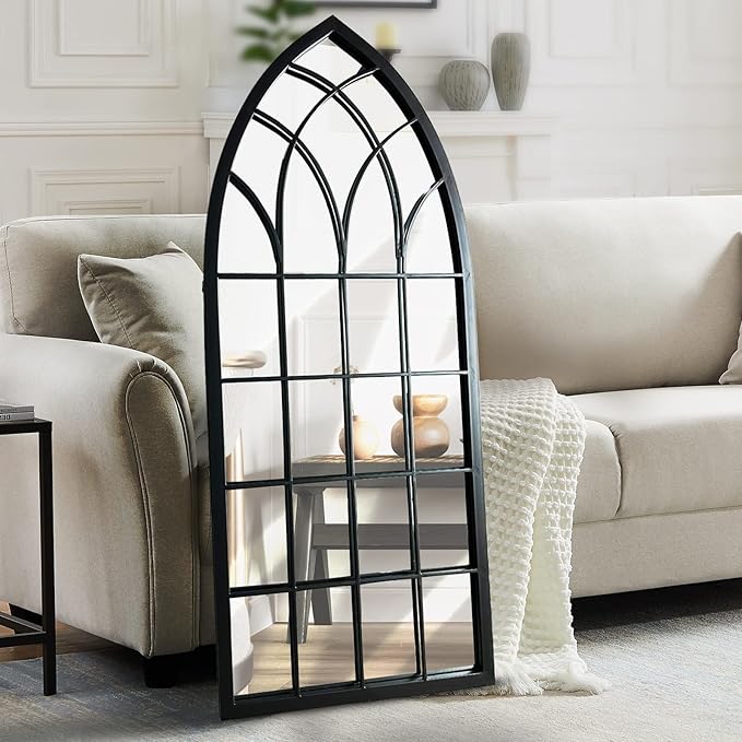 WAMIRRO Farmhouse Window Mirror,Arched Black Mantel Mirror,Cathedral Wall Mirrors with Window Pane for Entryway/Fireplace/Living Room/Hallway 20"X46"