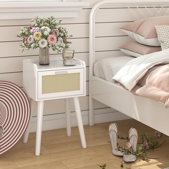 LAATOOREE Nightstand Set of 2, Small White Bedside Table, End Table with Rattan Door, Boho Side Table with Solid Wood Legs for Bedroom Living Room Small Space