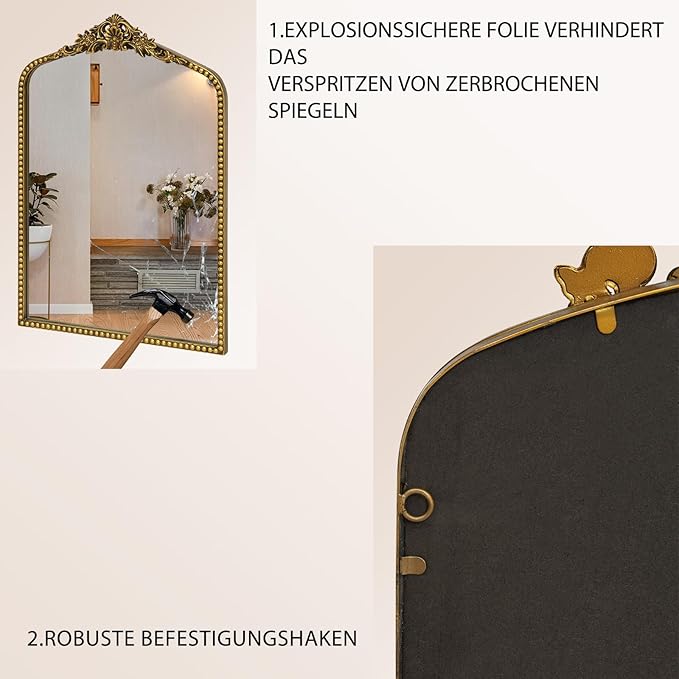 Gold Baroque Mirror Antique 19x28 Inches - Vintage Arched Mirror with Ornate Gold Frame for Entryway, Narrow Hallway & Bathroom Wall Decor