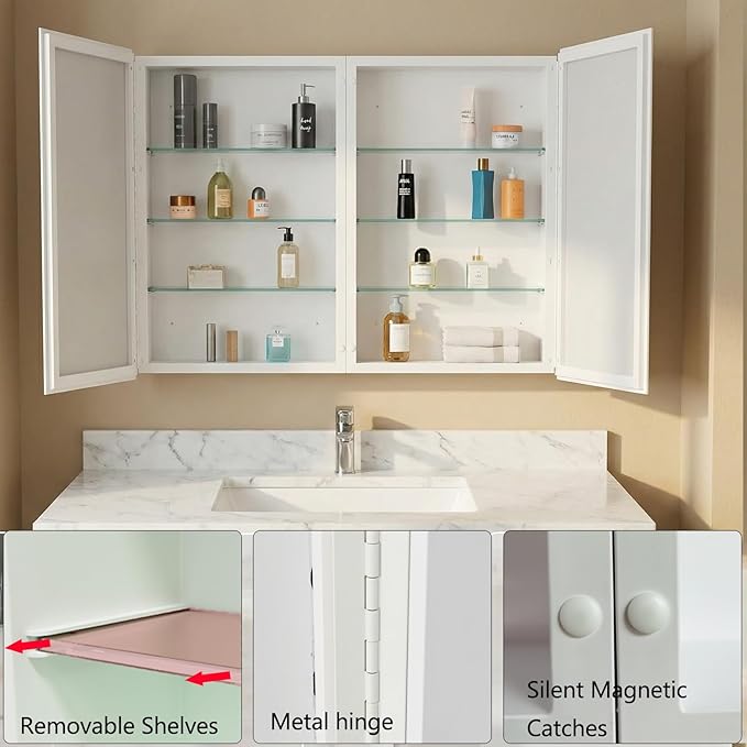 26 x 32 Inch Bathroom Medicine Cabinet with Double Mirror Doors, Recessed or Surface Mount Wall Cabinet for Bathroom, Plastic Frame & Removable Glass Shelves