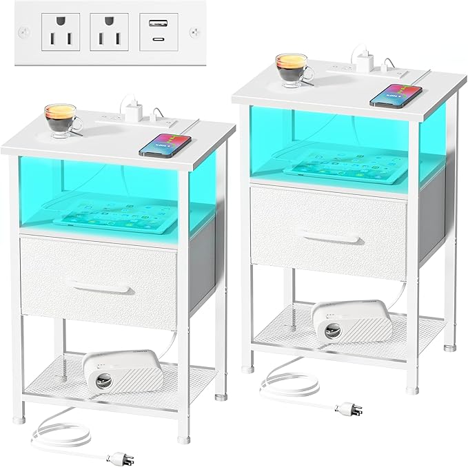 LAKEMID Nightstands Set of 2 with Charging Station and Drawer, End Table Bedside Table with 20 Colors LED Light Strip and 2 Layers Shelf for Bedroom Living Room Sofa Couch (White)