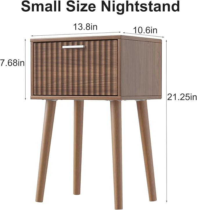 LAATOOREE Nightstands Set of 2, Small Fluted Side Table, Bedside Table with Solid Wood Feet; Modern Mid-Century End Table for Bedroom, Small Space