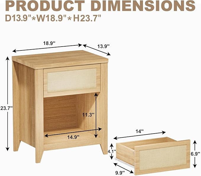 Boho Nightstands Set of 2, Farmhouse Night Stand Bedside Table with Drawer and Storage Shelf Rattan End Tables Side Tables for Bedroom Sofa Couch Office,Small Space, Oak