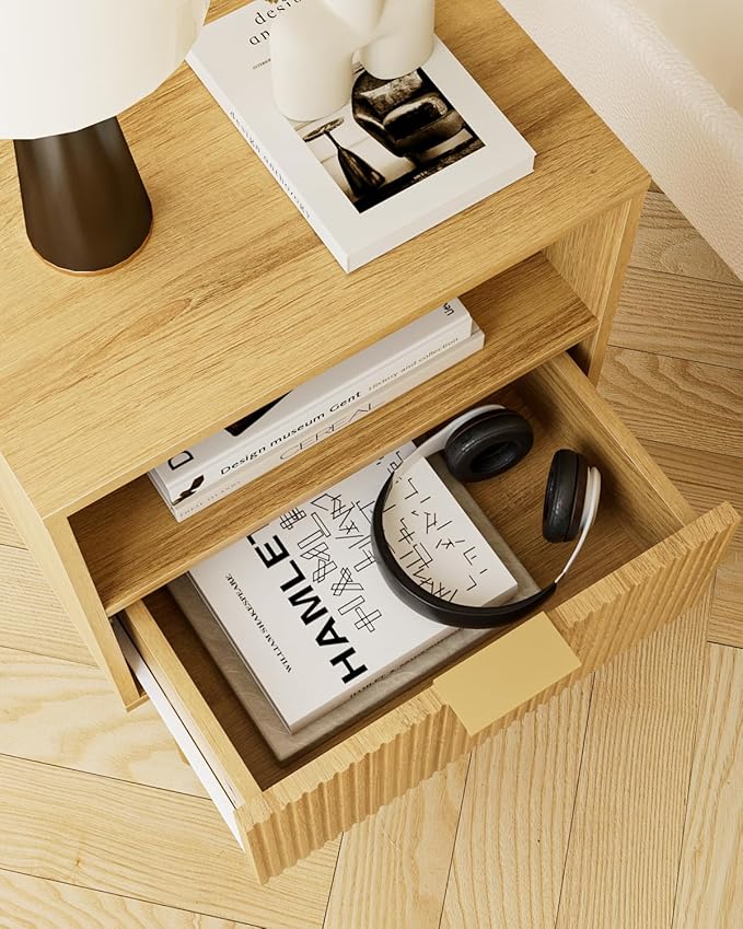 Aienvey Night Stand, Modern Nightstand with Drawers, Bedside Table, Gold Small Side Table for Bedroom, Living Room End Table (Oak Stripe, 1 Drawer)