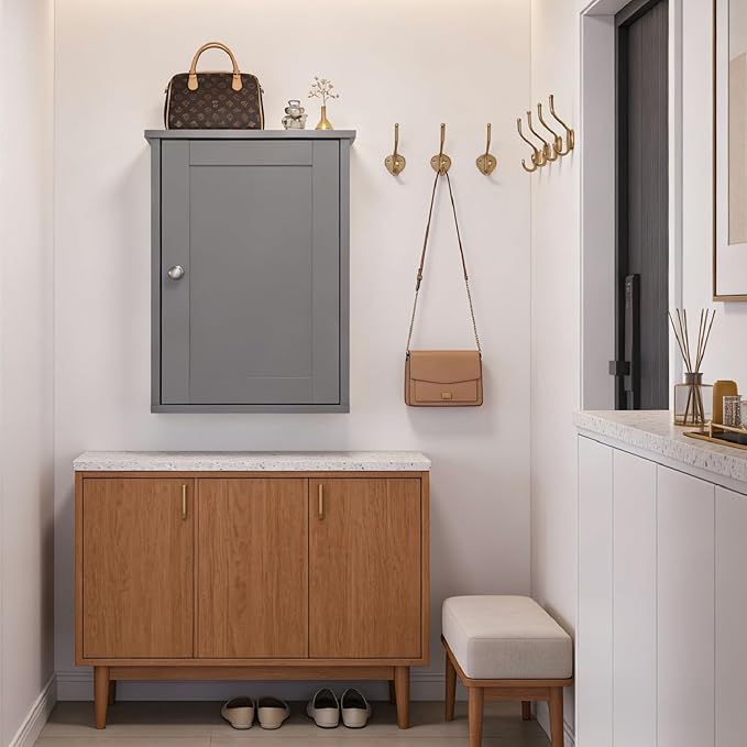 VINGLI Bathroom Wall Cabinet, Gray Medicine Cabinet with Single Door, Small Over Toilet Storage Organizer with Adjustable Shelf, Hanging Kitchen Cupboard for Laundry Room, 13.7x7.5x19.7 Inch