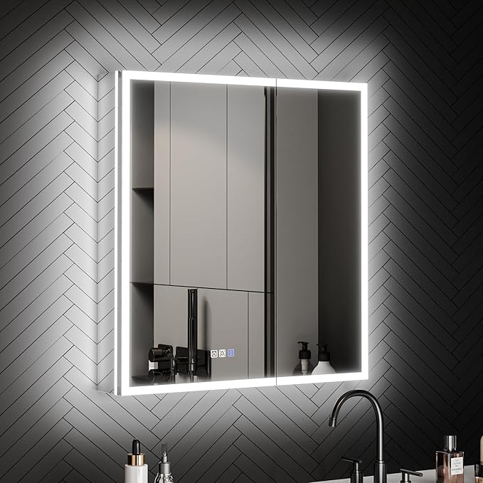 ExBrite 30 x 32 Lighted Medicine Cabinet with Mirror, Front&Backlit led Medicine Cabinet,Defog,5X Magnifier,3 Colors Temper Dimmable,Surface or Recessed Mount,Door Wide Open
