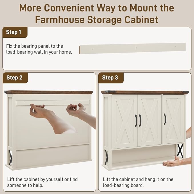 Halitaa Bathroom Wall Cabinet, Farmhouse Medicine Cabinet with Adjustable Wood Shelf & 3 Doors, Over The Toilet Storage Cabinet for Wall Mounted for Bathroom Laundry Room Kitchen, White and Brown