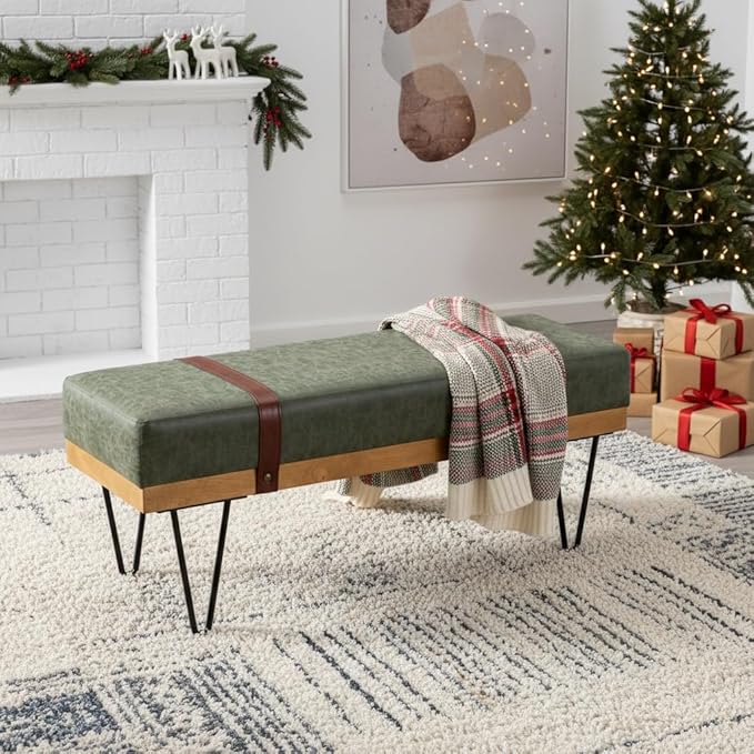 DUOMAY Industrial Modern PU Rectangle Ottoman Bench with PU Strap and Metal Legs, Mid Century Dining Table Bench Footstool Entryway Shoe Bench for Bedroom Dining Room Living Room, Green