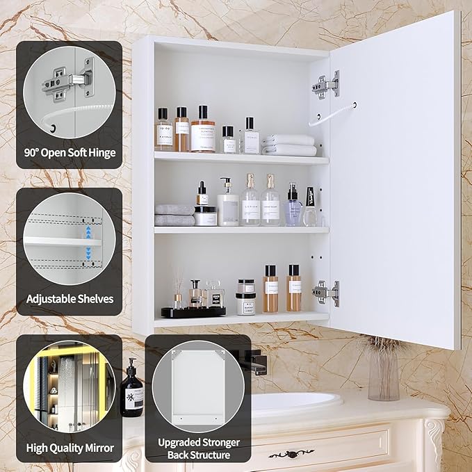 20" x 28" Bathroom Medicine Cabinet with Mirror,Medicine Cabinets with Large Storage,Single Door LED Bathroom Wall Cabinet with Shelves,Dimmer and Anti-Fog