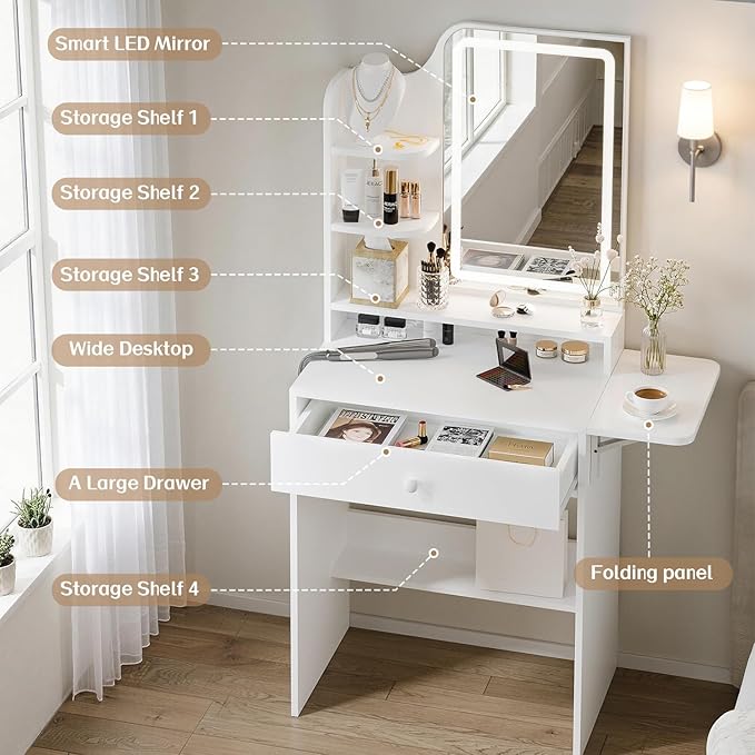 FUXA Small Vanity with Chair, Makeup Vanity Desk with LED Mirror and 3 Light Modes, Girls Vanity Set with Charging Station, Compact Vanity Table with Foldable Top for Small Spaces, White