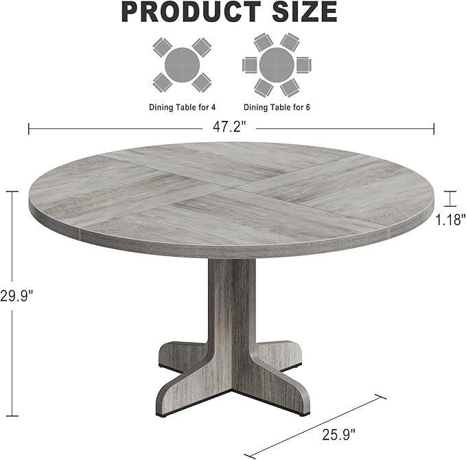IDEALHOUSE Round Dining Table for 4, 47 Inches Dining Room Table with Wooden Base, Circle Kitchen Dinner Table for Dining Room, Kitchen, Living Room (Table Only), Grey