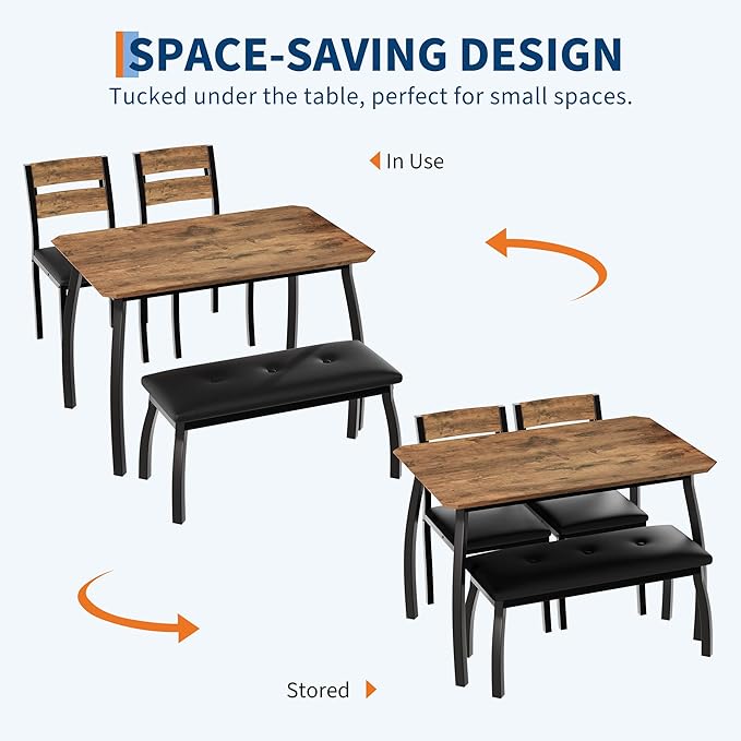 IDEALHOUSE 43'' Dining Table Set for 4, Wooden Kitchen Table with Upholstered Bench & 2 Cushion Chairs, Industrial Dinette Set for Studio, Kitchen, Dining Room, Apartment, Retro