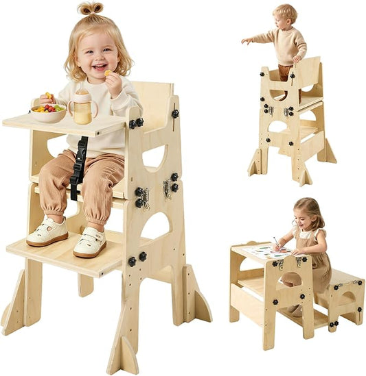 VEVOR 5-in-1 Toddler Kitchen Step Stool, Foldable Learning Standing Tower with Blackboard & Whiteboard, Wooden High Chair with Adjustable Back & Footrest, Kitchen Stool Helper with Detachable Stool