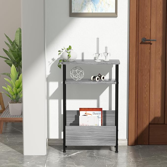 THUMEYE 7.1" Narrow Side Table for Small Spaces, 3 Tier Small End Table with Magazine Holder, Slim/Skinny Nightstand/Bedside Table for Living Room, Bedroom, 15.4" L x 24.2" H, Gray