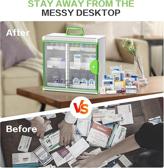 Glosen Lockable Medicine Cabinet with 6 Removable Trays, Wall Mounted & Portable Locking Medicine Cabinet Organizer with Key Lock for Home, Bathroom, Office - Aluminum Frame(15.63 * 6.5 * 15.43Inch)