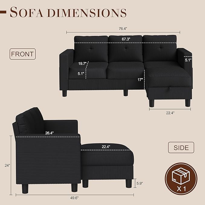 JAMFLY Convertible L-Shaped Sectional Sofa with Reversible Storage Ottoman, 3-Seat Couch with Side Pockets, Modern Compact Furniture for Small Apartments, Studios & Lofts, Black