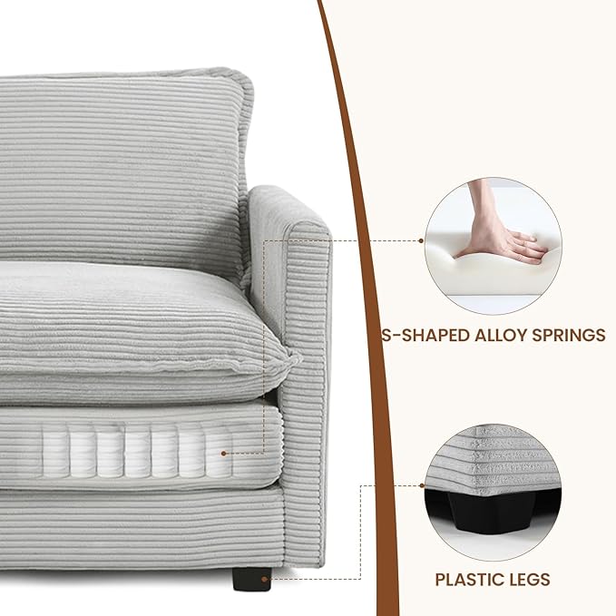 ROWHY Single Armchair with Ottoman, Modern Corduroy Cloud Couch with Convertible Chaise, Upholstered Sofa Set for Living Room, Light Grey