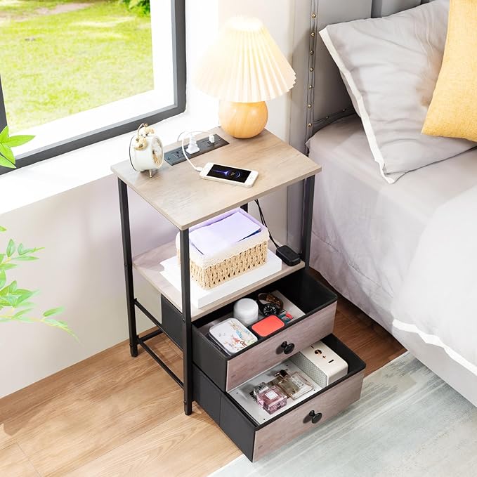LOAKEKEL Night Stand Set 2, LED Nightstand with Charging Station, End Tables with Storage Shelf, Bedside Table with 2 Fabric Drawers for Bedroom, Small Spaces, Grey HETS02PGY