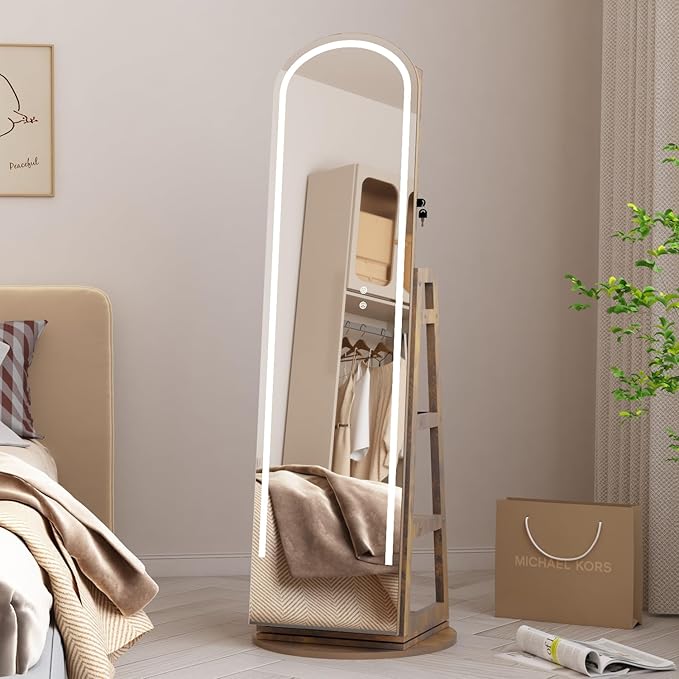 Arched Mirror Jewelry Armoire,3 Color LED Swivel Jewelry Storage Cabinet Interior LED Lights,Full Length Mirror Floor Standing Jewelry Organizer with Storage Shelves (Rustic Brown)