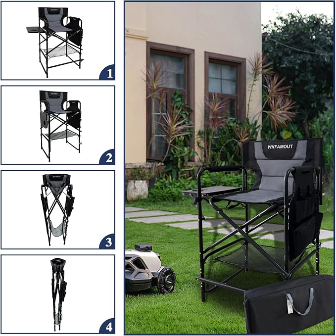 Tall Folding Directors Chair with Side Table 26.77" Seat Height Foldable Camping Chair Bar Stool for Makeup Artist Face Painting with Footrest and Storage Pocket Supports 350LBS