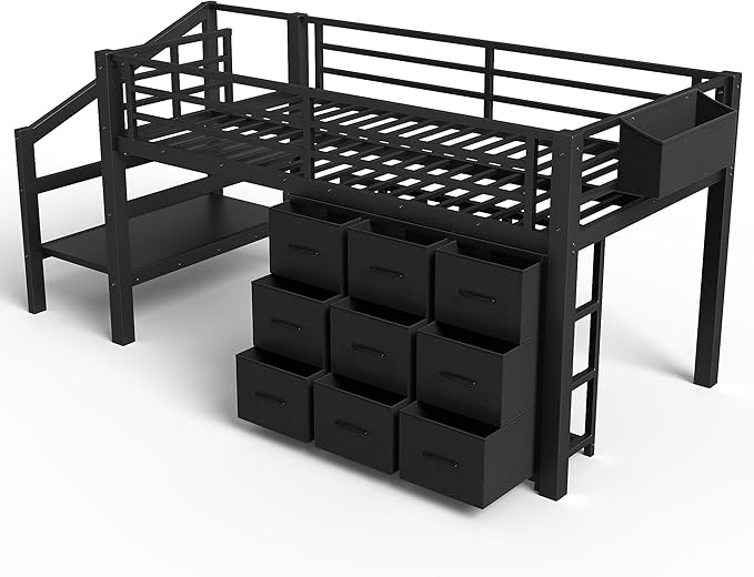 Bellemave Twin Size Loft Bed with 9 Non-Woven Fabric Storage Drawers, Low Loft Bed with Stairs and Lights, Twin Loft Beds with High Rails, Noise Reduced Black