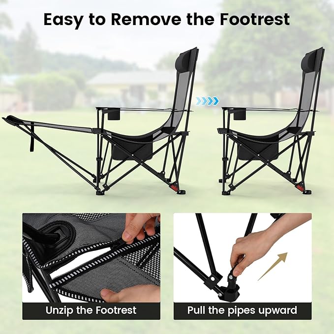 GYMAX Reclining Camping Chairs with Footrest, Lightweight Foldable Camping Chairs with Cup Holders, Adjustable Backrest, Headrest, Heavy Duty Camp Chair for Adult Outdoor Fishing Beach (Grey,2)