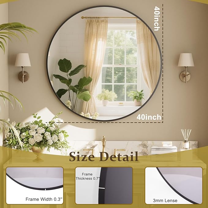 XRAMFY 42 Inch Round Black Metal Wall Mirror - Stylish Circle Mirror for Entryway, Bathroom, and Living Room Decor | Matte Black Circle Wall Mirror