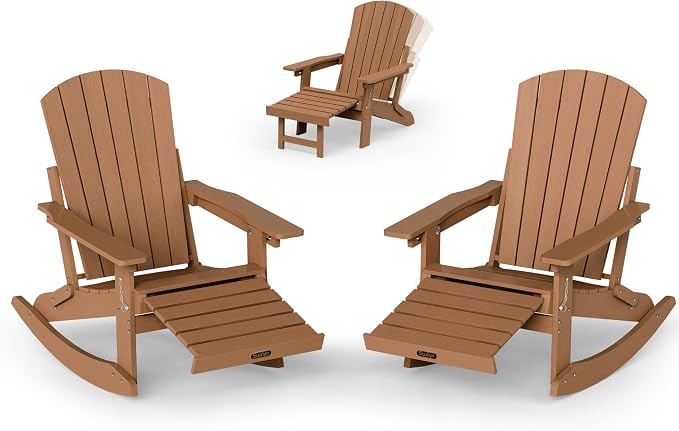 Adjustable Adirondack Rocking Chair Set of 2 with Retractable Ottoman Footrest, 4-in-1 Foldable HDPE Outdoor Rocker, Weather Resistant Adirondack Chair for Porch, Garden & Poolside, Teak