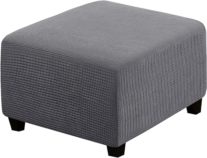 H.VERSAILTEX Square Ottoman Covers Ottoman Slipcovers Folding Storage Stool Furniture Protector Form Fit with Elastic Bottom, Stretch High Spandex Small Checks Jacquard Fabric(Medium,Grey)