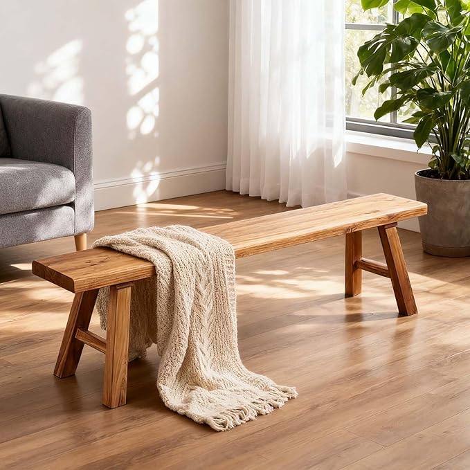 Narrow Entryway Bench Farmhouse Wood End of Bed Bench 20" 32" 39" 47" 55" 63" 71" 79" Sturdy Stable Skinny Long Benchs for Bedroom Hallway Dining Room Porch Easy to Assemble Natural Finish(20")