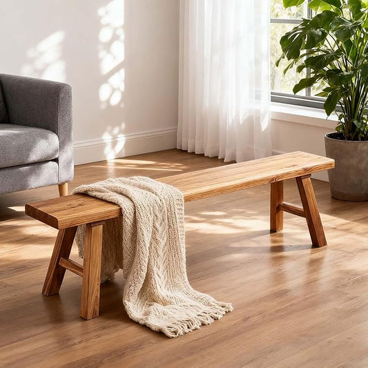 Narrow Entryway Bench Farmhouse Wood End of Bed Bench 20" 32" 39" 47" 55" 63" 71" 79" Sturdy Stable Skinny Long Benchs for Bedroom Hallway Dining Room Porch Easy to Assemble Natural Finish(32")