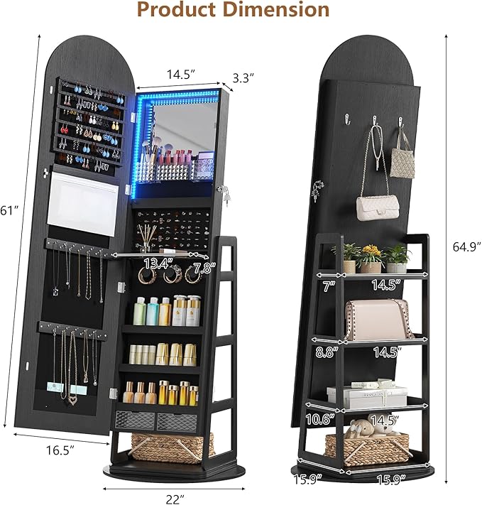 HWB Black Mirror Jewelry Cabinet with Storage, Arched Jewelry Armoire w/Full Length Mirror & 360° Swivel, Standing Jewelry Holder Organizer with Rear Storage Shelves & Hooks, Lockable