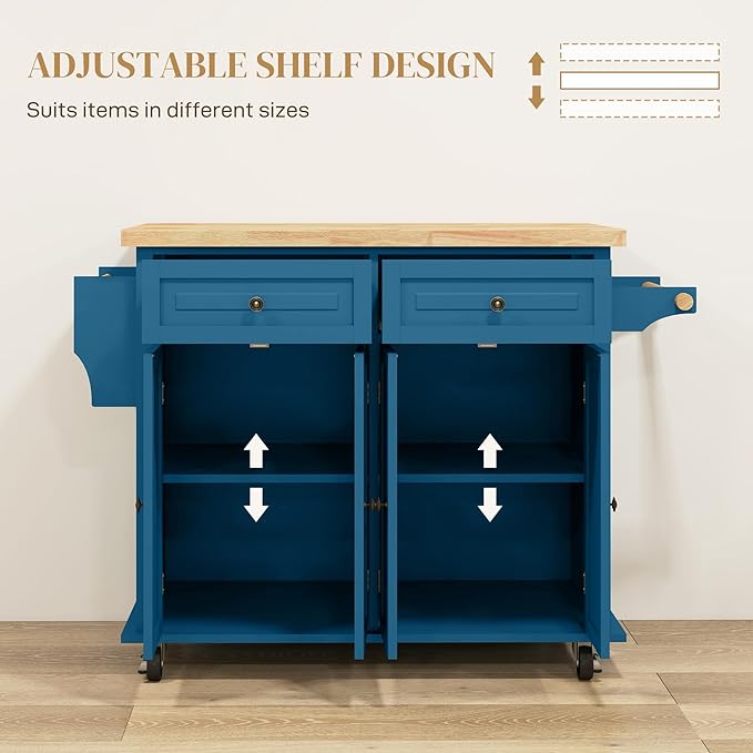 HOMCOM Kitchen Island Cart with Solid Wood Top, 44" Mobile Kitchen Island Table on Wheels with Storage Cabinets, 2 Drawers, Adjustable Shelves, Spice Rack & Towel Bar for Dining Room, Turquoise