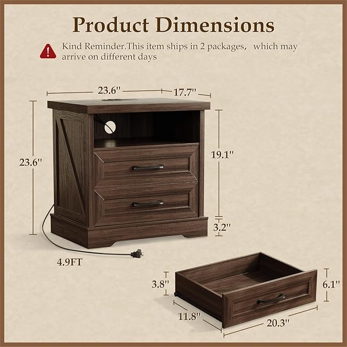 AODK 24 Inch Farmhouse Nightstand Set of 2, Bedside Tables with Charging Station, Wood End Tables with 2 Drawers and Open Shelf, Rustic Bed Side Table for Bedroom & Living Room, Dark Walnut