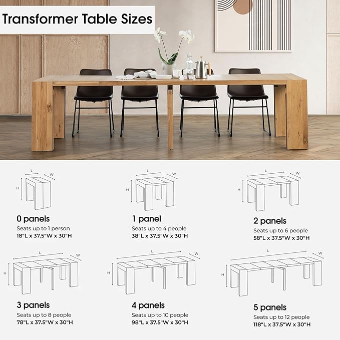 Transformer Table - Solid Wood Extendable Dining Table, Seats 2-12, Expandable Dining Room Table, Space-Saving Furniture, Kitchen and Dining Room Furniture (Natural, Table + Coffee Table)