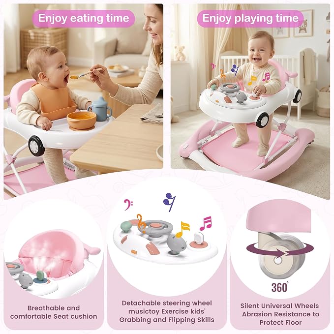Baby Walker, 5-in-1 Baby Walker for Boys and Girls with Bouncer, Removable Footrest, Music, Foldable & Adjustable Speed Wheels Activity Walker for 6-18 Months Toddler Infant(Pink)